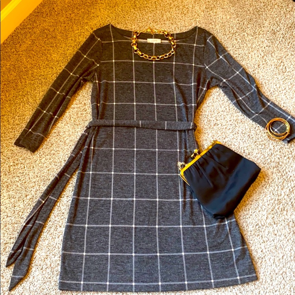 👗LOFT 3/4 Sleeves Crew Neck Grey Plaid Dress